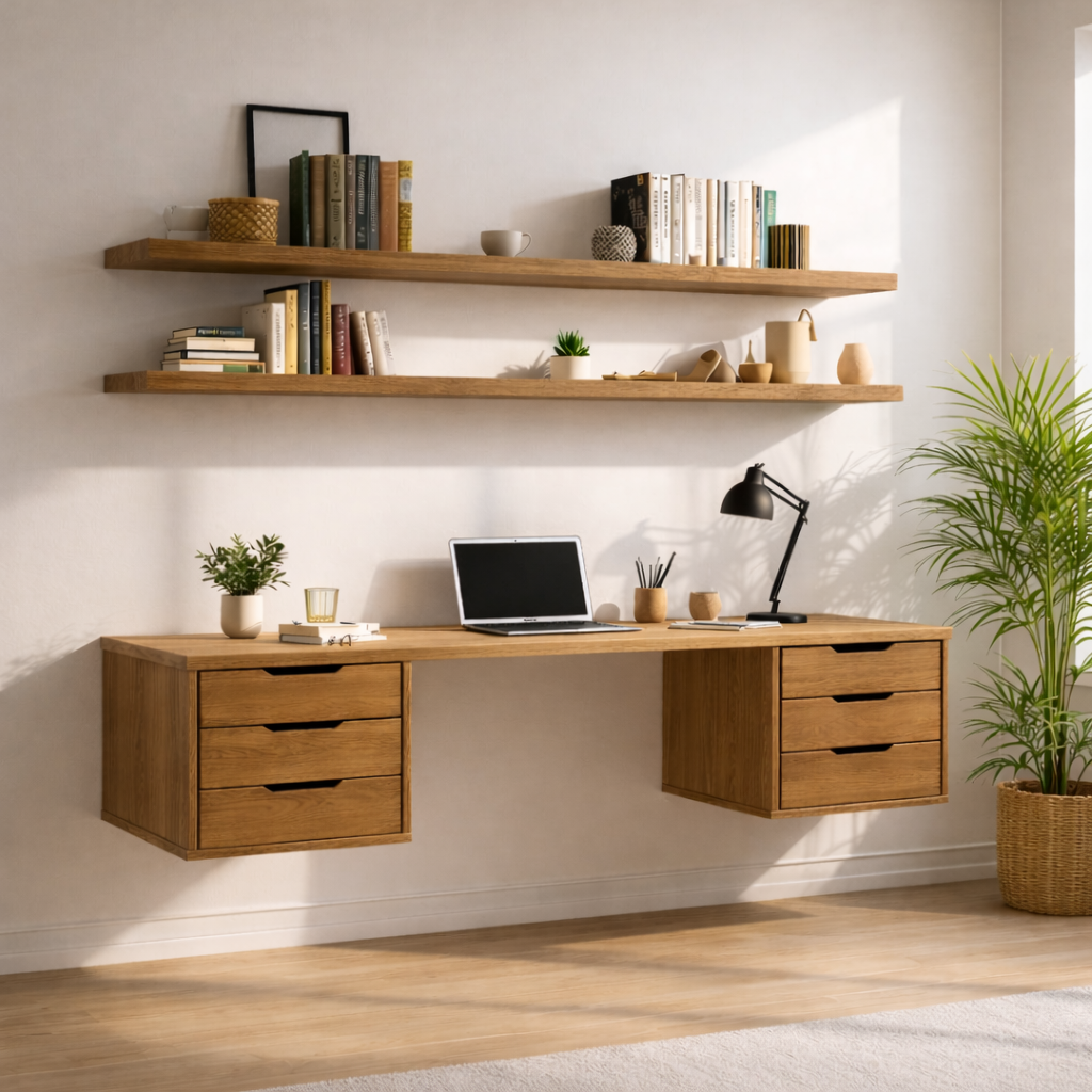 Floating Double Drawer Desk with Shelves – Light Oak Minimal Workspace