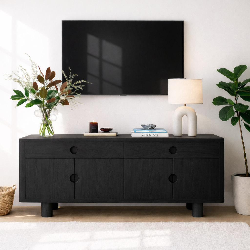 Minimalist Wood TV Stand With Cabinet Doors Long Media Console Modern Entertainment Center