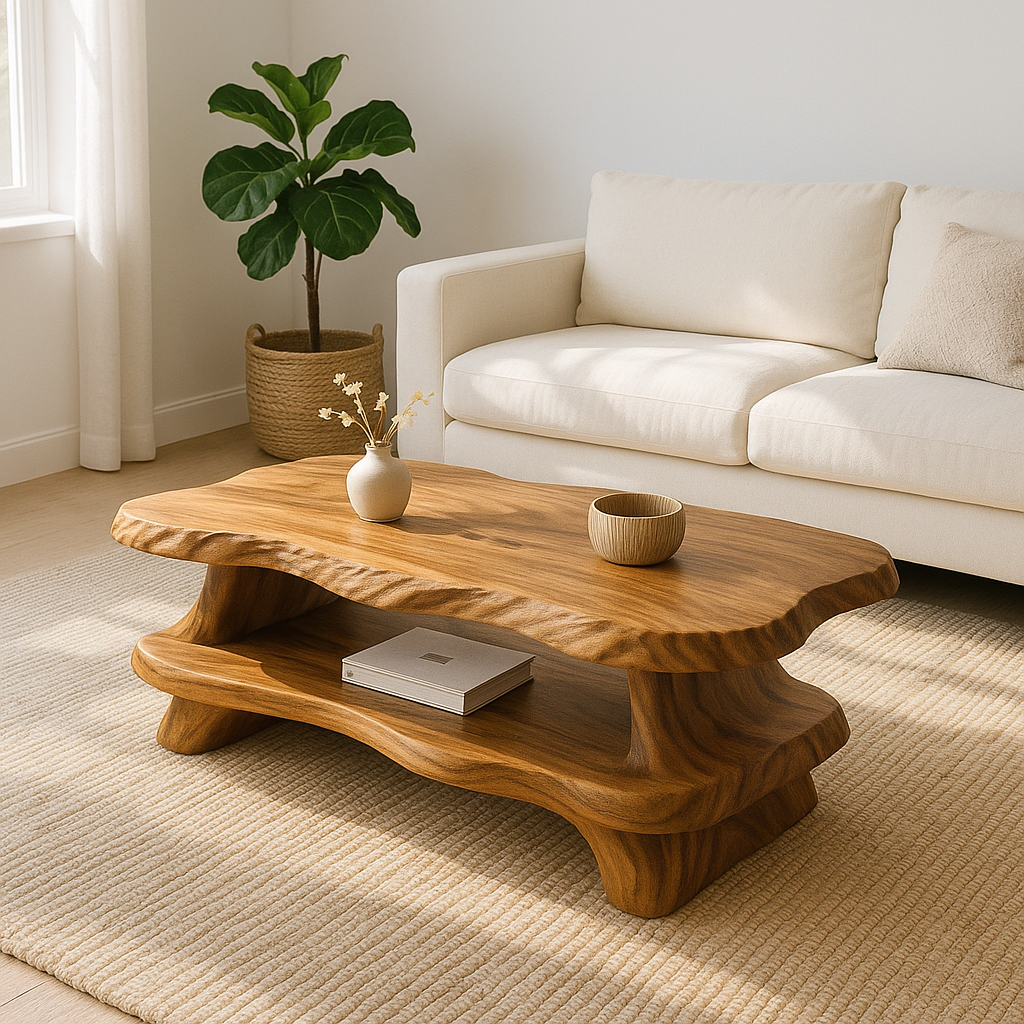 Modern Solid Wood Coffee Table with Organic Live Edge and Lower Shelf