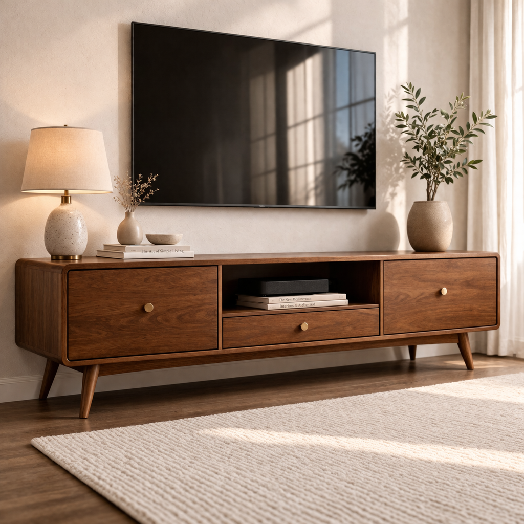Mid Century Solid Wood TV Console with Drawers and Open Shelf