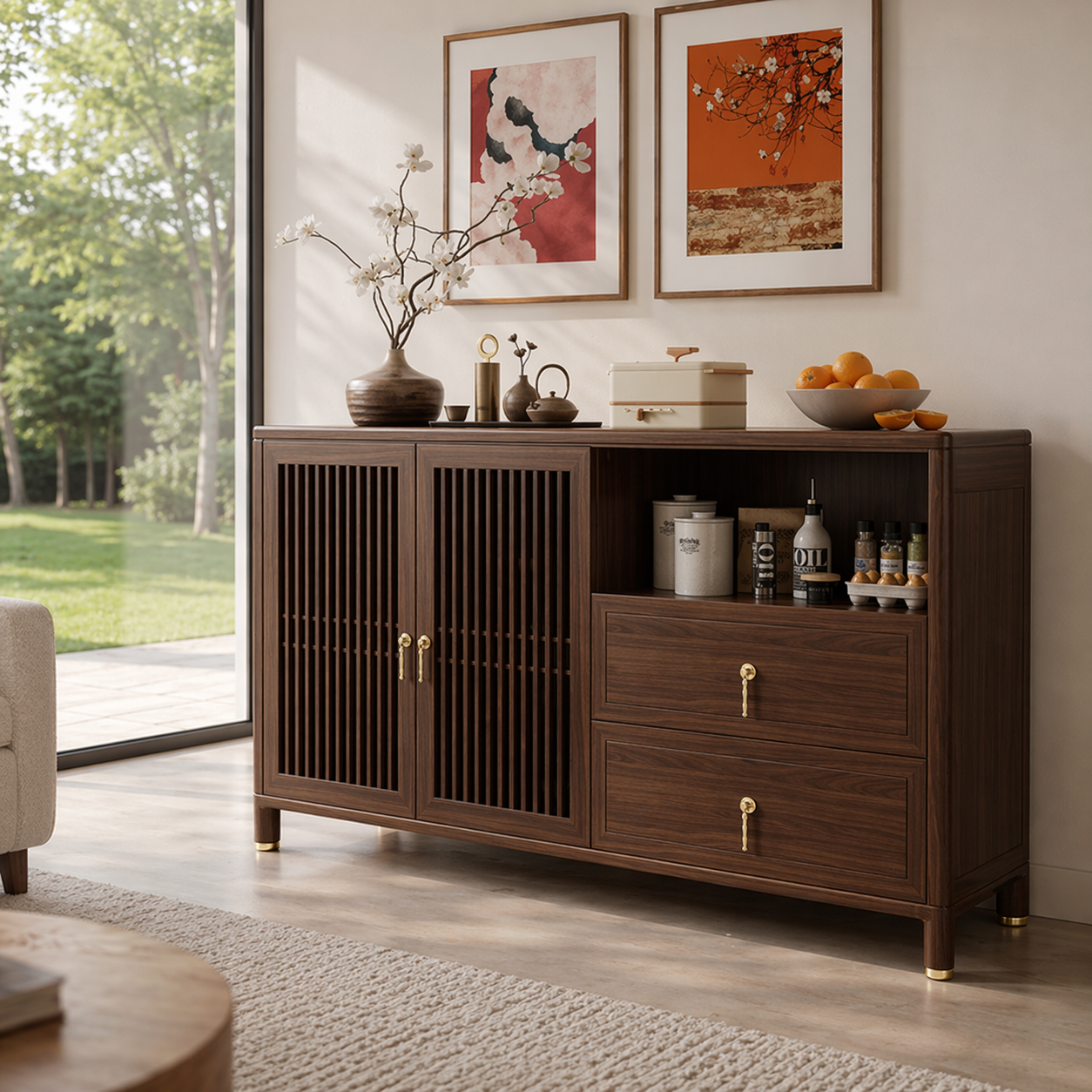 Solid Wood Console Sideboard with Drawer – Modern Walnut Storage Cabinet
