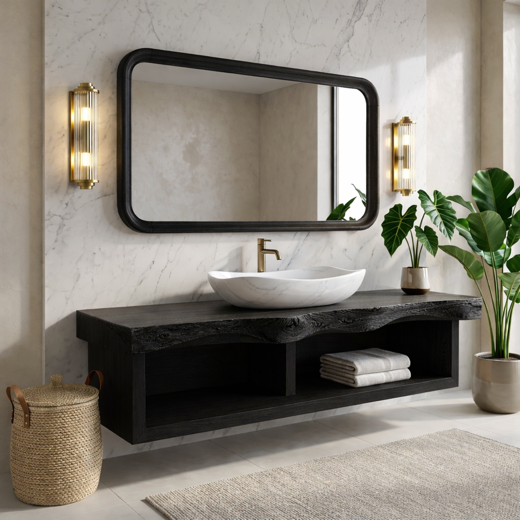 Floating Vanity with Natural Walnut Wood, Unique Curve Design and Open Shelf