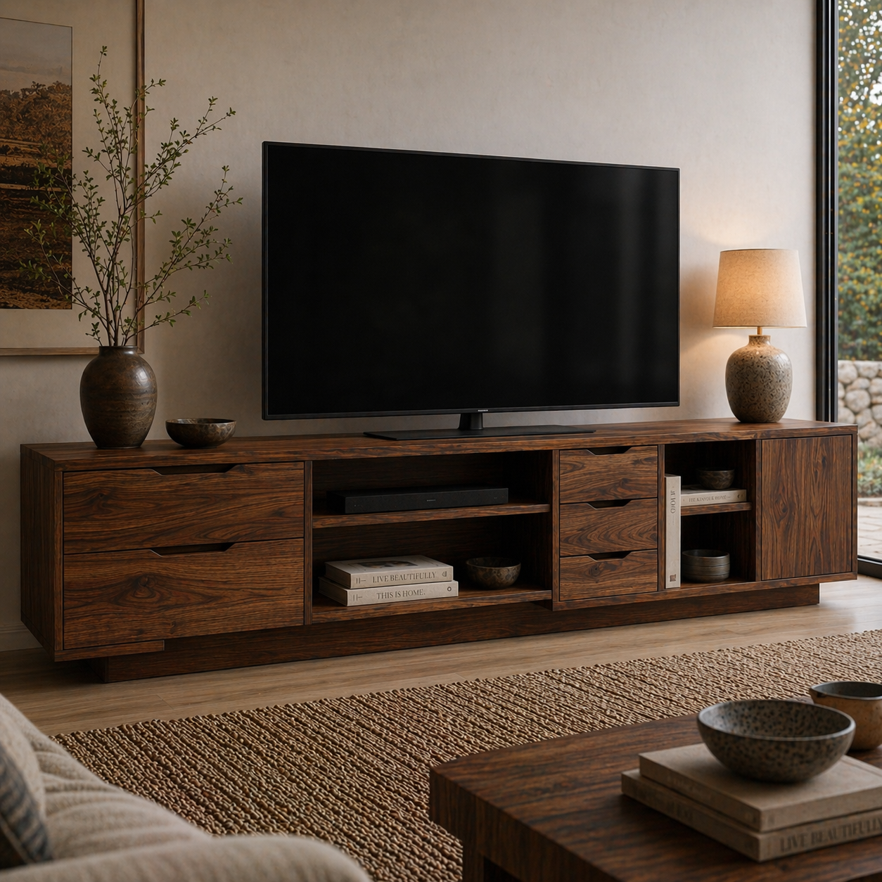 Solid Wood Media Console with Drawers, Modern TV Stand with Open Shelf Storage