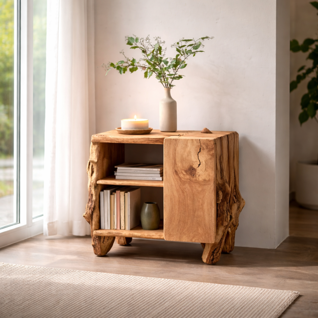 Rustic Solid Wood Nightstand with Shelf – Live Edge Bedside Table Storage