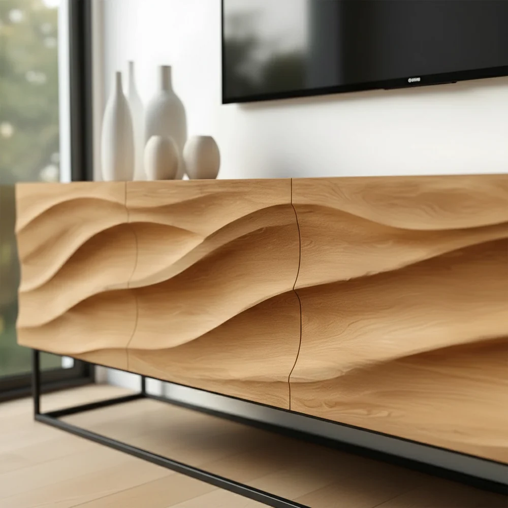 Solid Wood TV Stand Modern Oak Media Console with Wave Carved Storage Cabinet