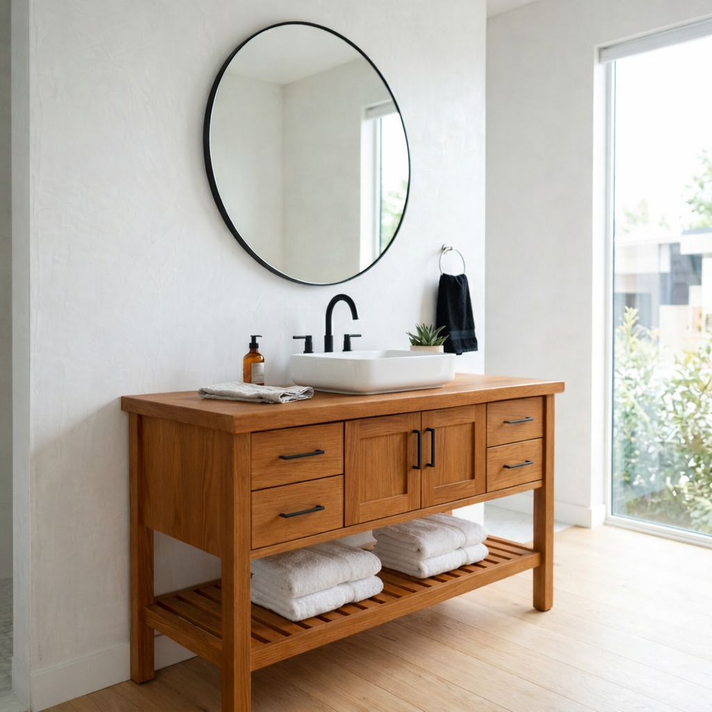 Solid Wood Bathroom Vanity Cabinet Single Sink Base with Drawers Open Shelf