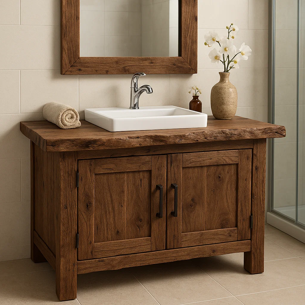 Rustic Wooden Bathroom Vanity with Square Sink and Storage Cabinets