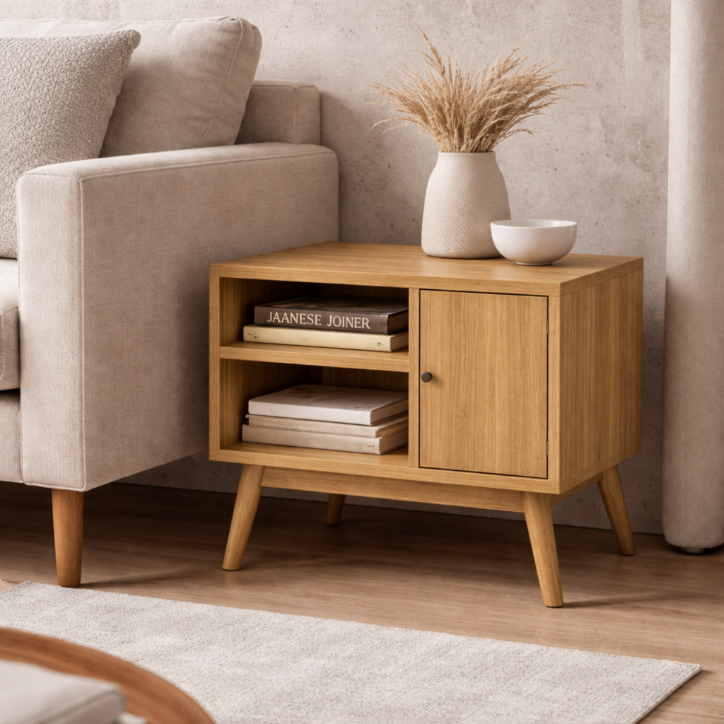 Solid Wood End Table with Door and Open Shelf – Mid Century Modern Side Table