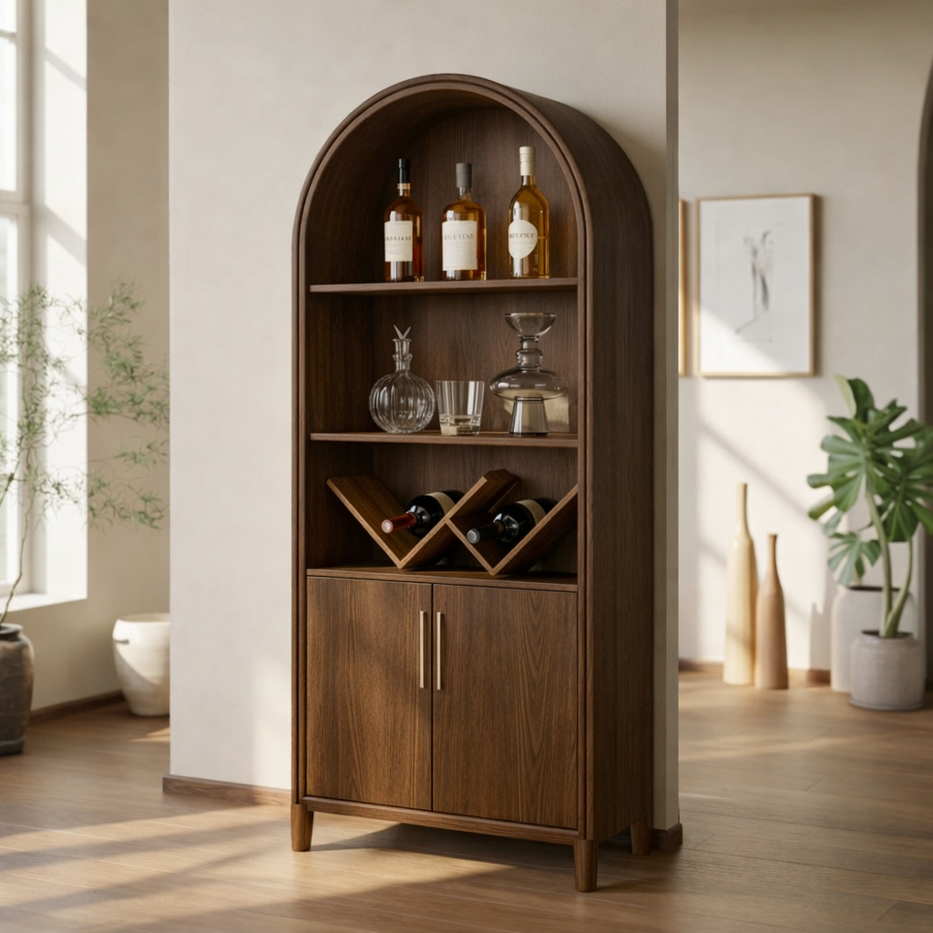 Modern Arched Wine Cabinet with Display Shelves and Built-In Bottle Organizer