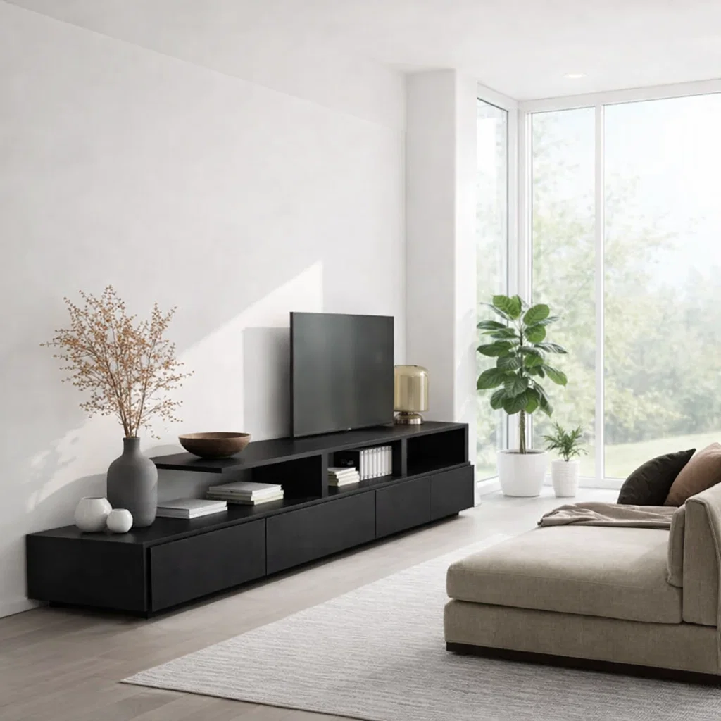 Solid Wood Media Console with Open Shelf & Cabinet Storage, Modern TV Stand