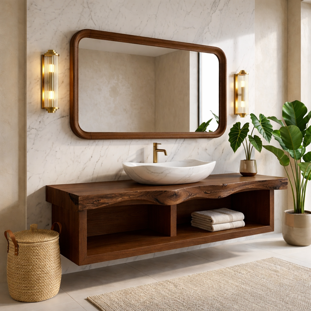 Floating Vanity with Natural Walnut Wood, Unique Curve Design and Open Shelf