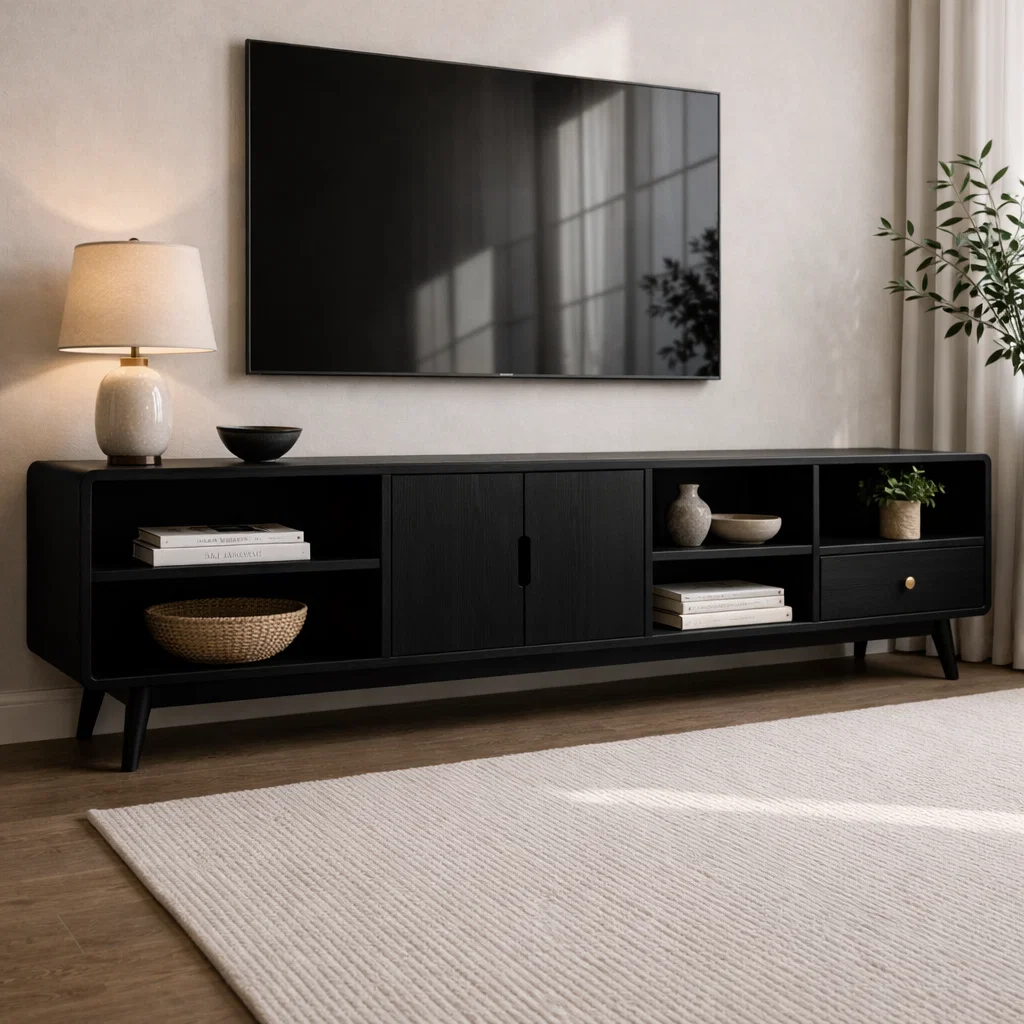 Solid Wood TV Console with Cabinets and Open Shelf Storage