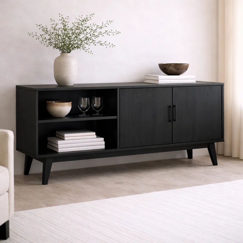 Solid Wood Console Cabinet with Open Shelves and Storage Doors