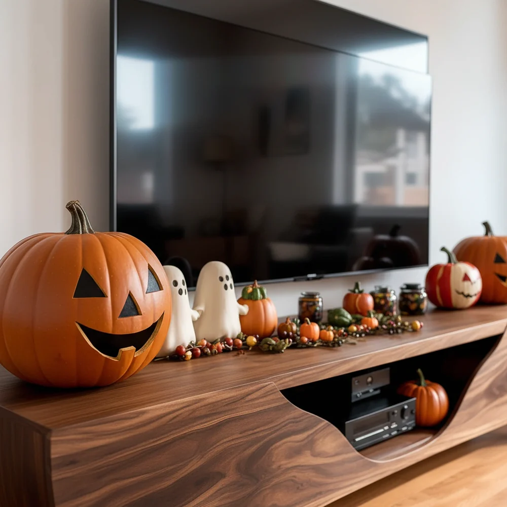 Solid Wood TV Stand Modern Walnut Media Console with Curved Front and Storage