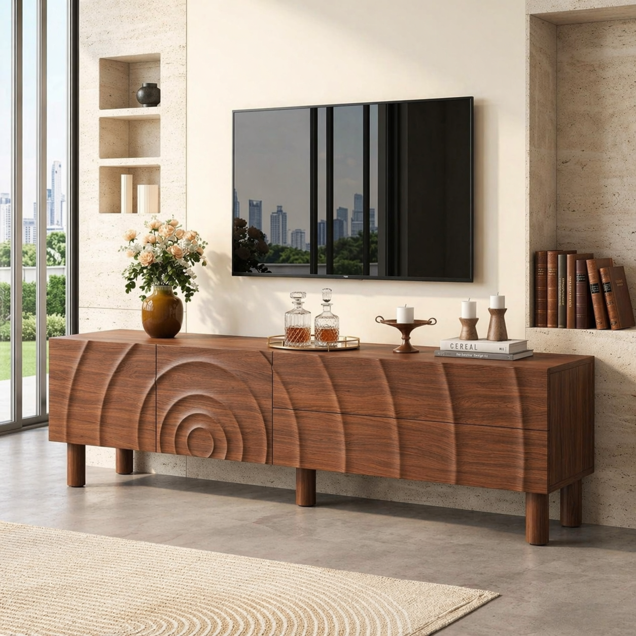 Modern Carved TV Console, Sculptural Entertainment Cabinet for Elegant Interiors
