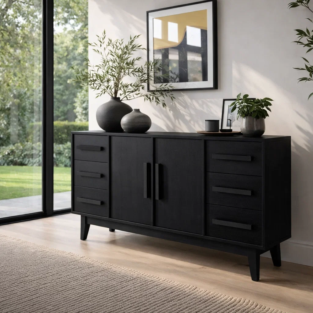 Modern Solid Wood Console Sideboard with Drawers – Walnut Storage Cabinet