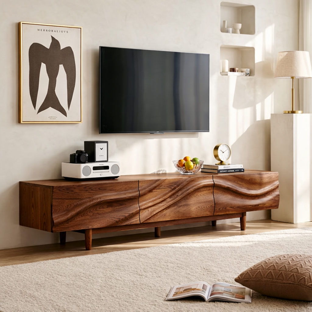 Solid Wood TV Stand with Wave Front, Modern Media Console Cabinet