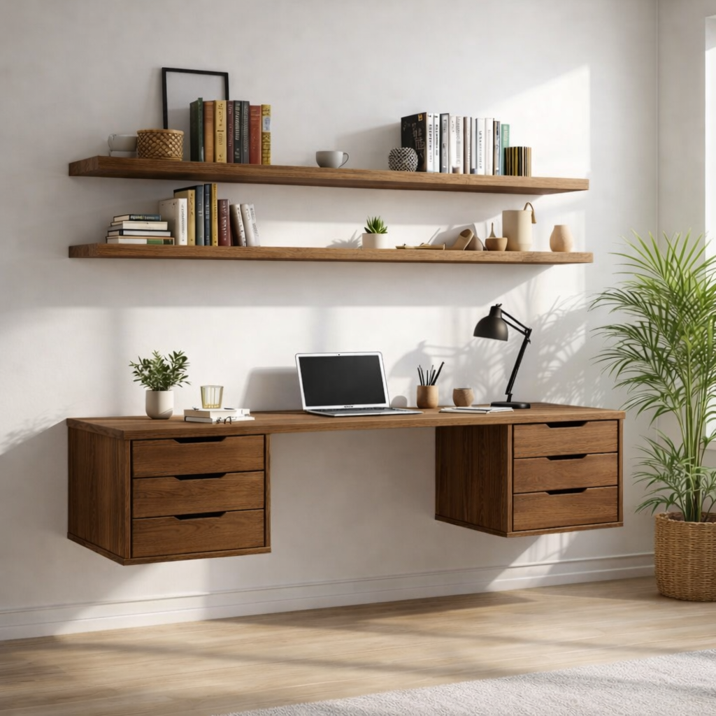 Floating Double Drawer Desk with Shelves – Light Oak Minimal Workspace