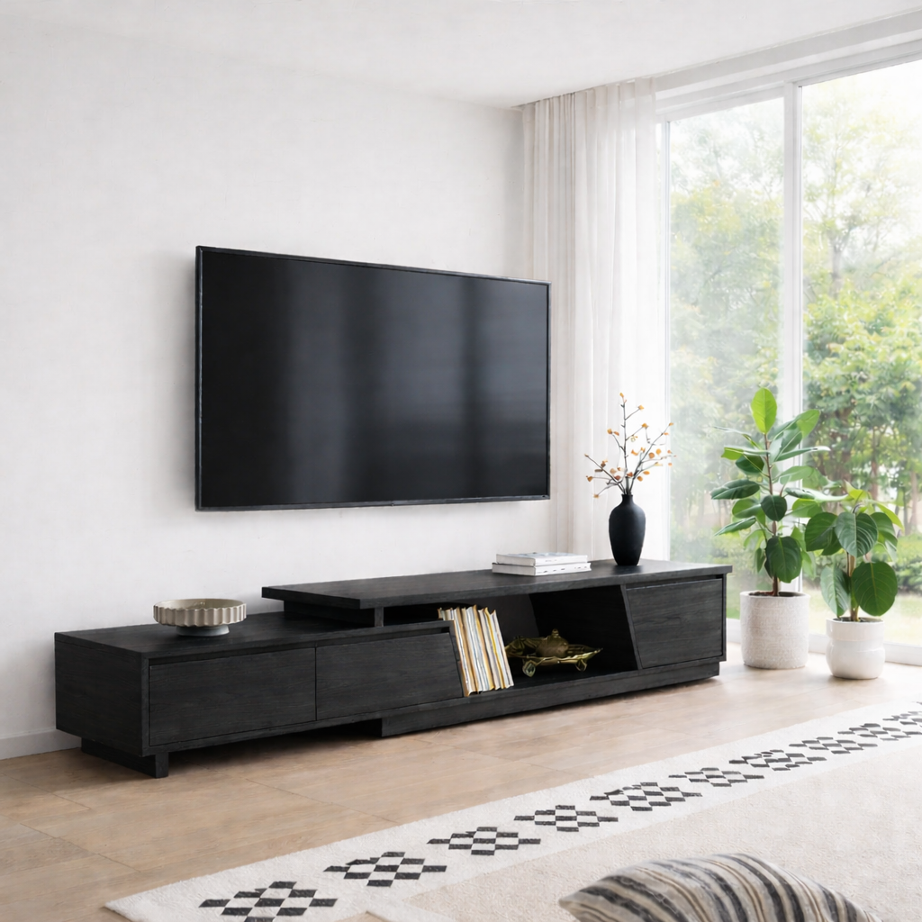 Modern Solid Wood TV Console with Low Profile & Open Storage