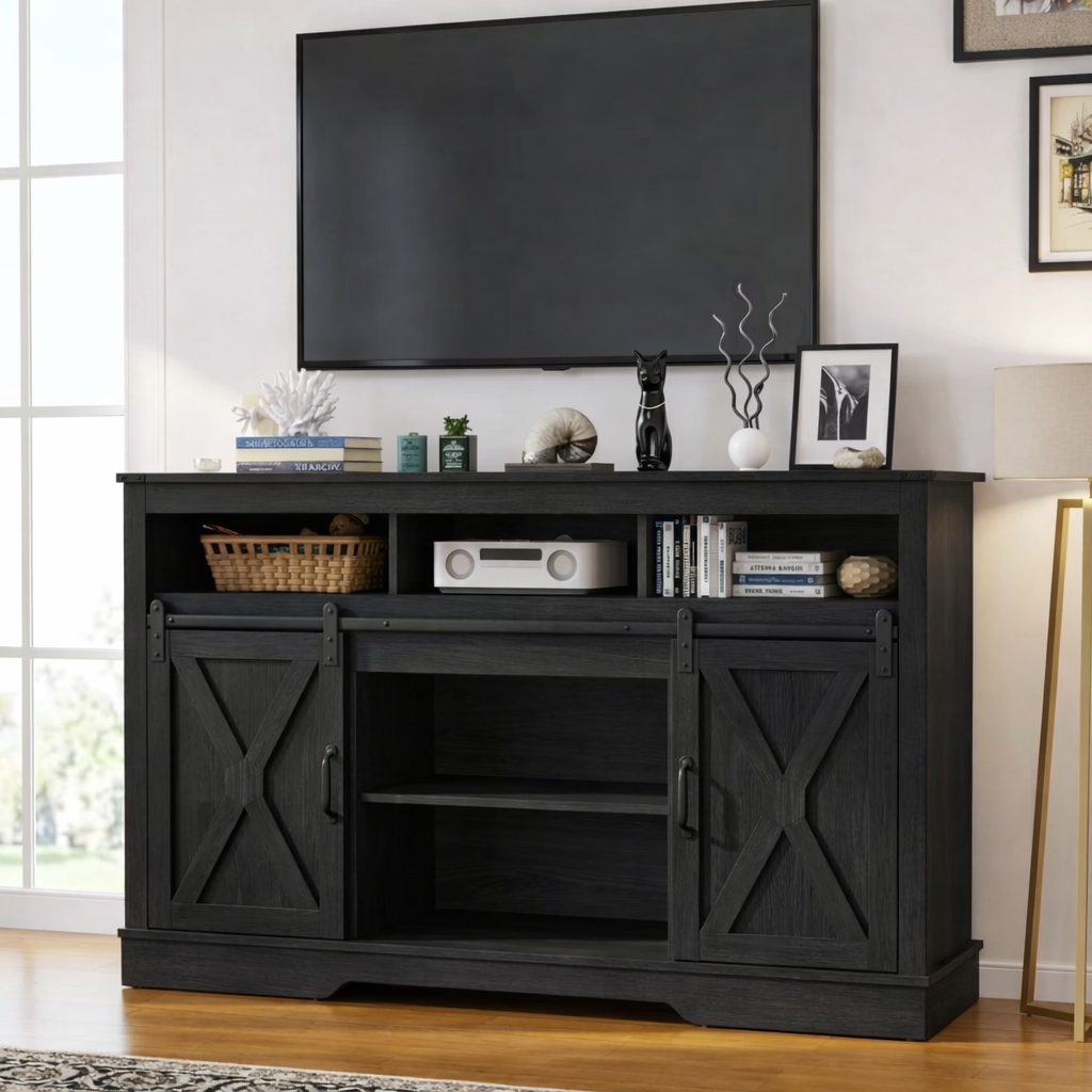 Farmhouse Solid Wood TV Stand Sliding Barn Door Media Console with Open Storage