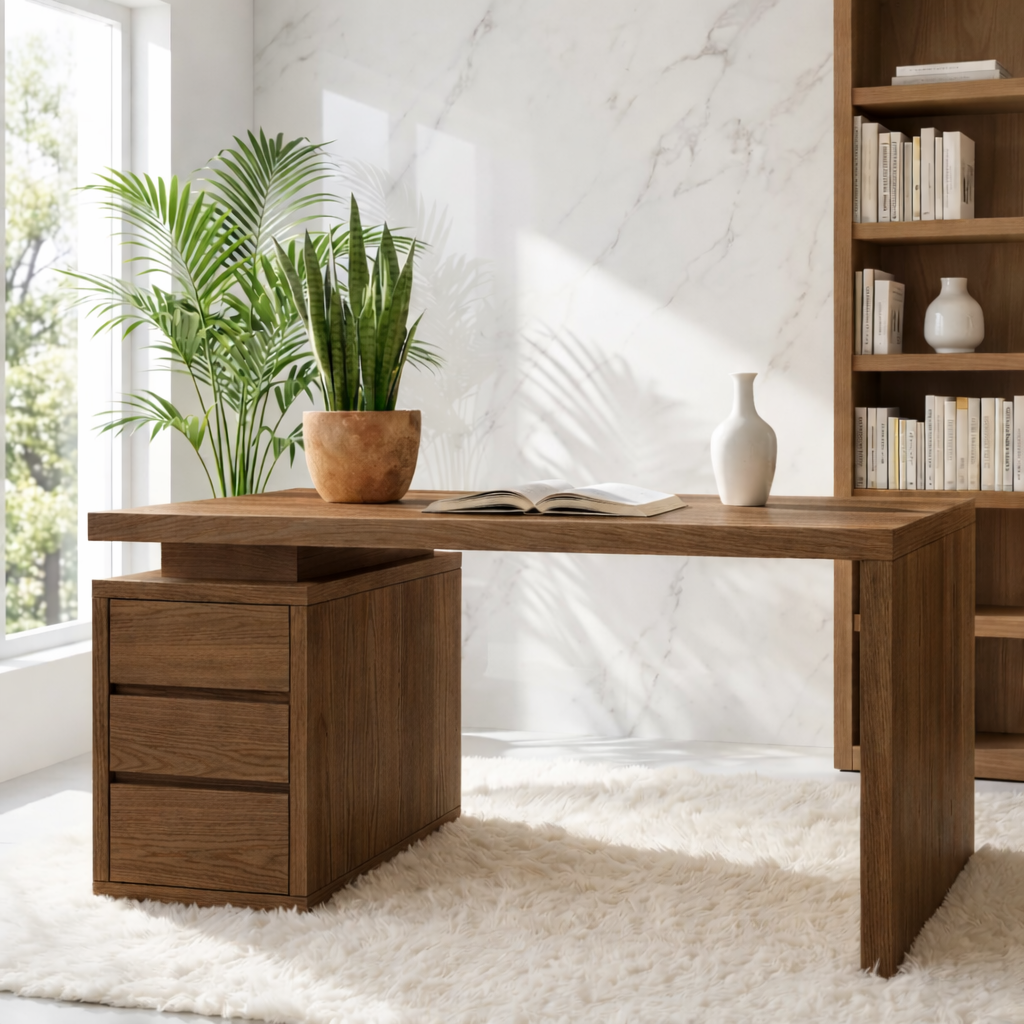 Modern Minimalist Office Desk with Drawer Storage Wooden Writing Computer Table
