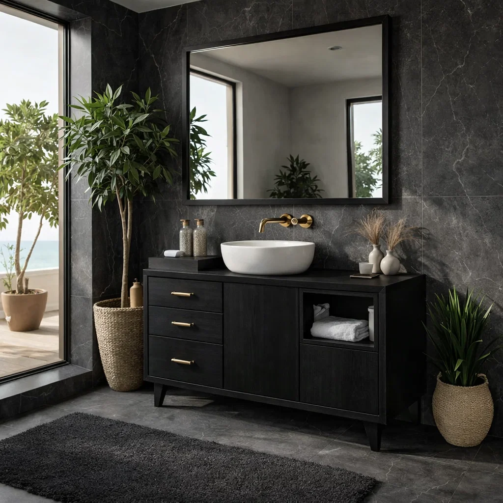 Solid Wood Bathroom Vanity with Drawers & Open Shelf – Modern Walnut Vanity Cabinet