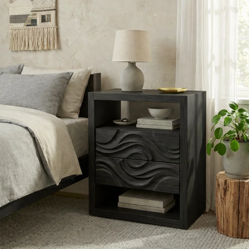 Solid  Nightstand with Carved Drawer – Modern Table with Storage
