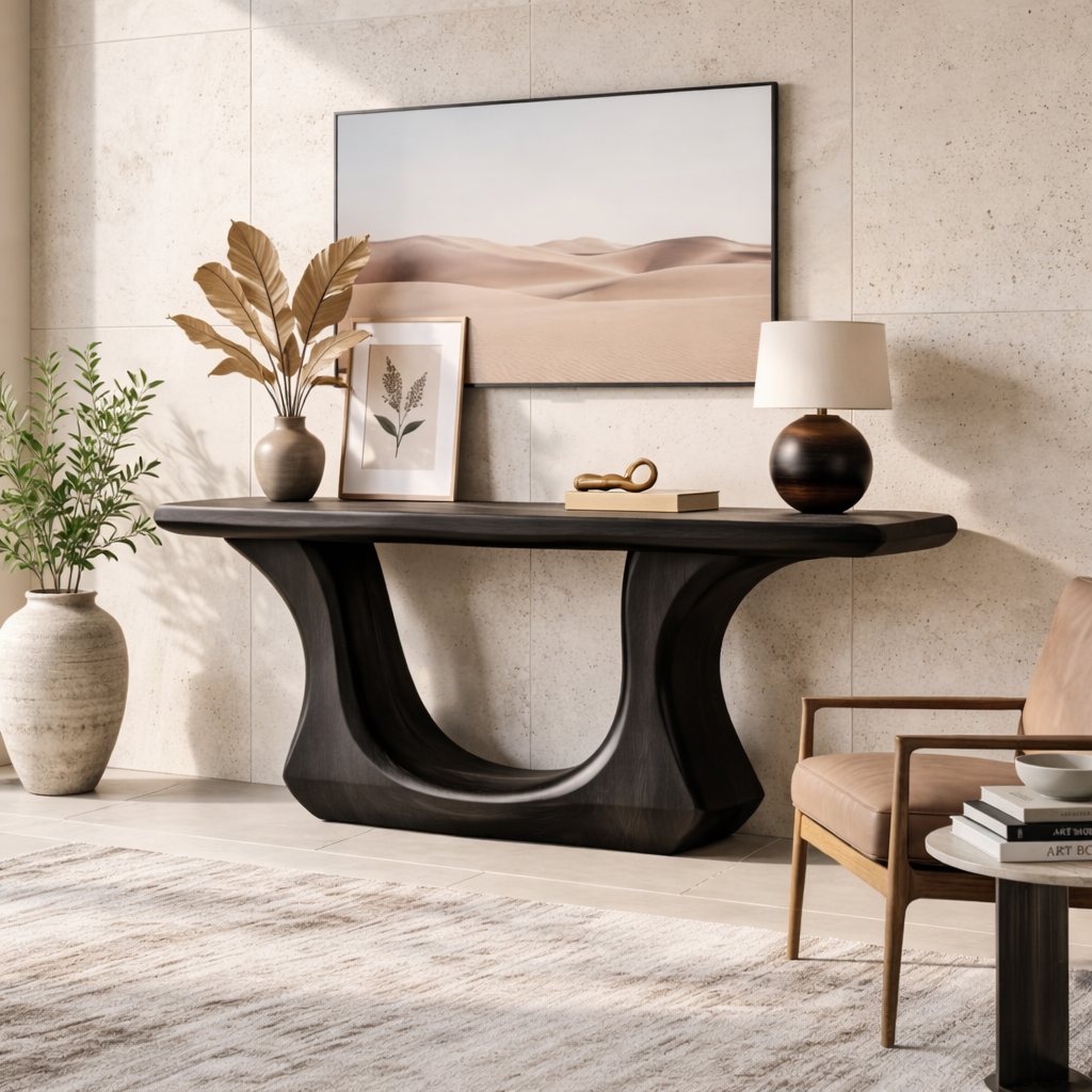 Solid Wood Console Table with Sculptural Curved Base, Modern Art Design