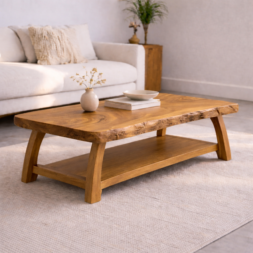 Live Edge Solid Wood Coffee Table with Storage Shelf – Rustic Modern Living Room Table