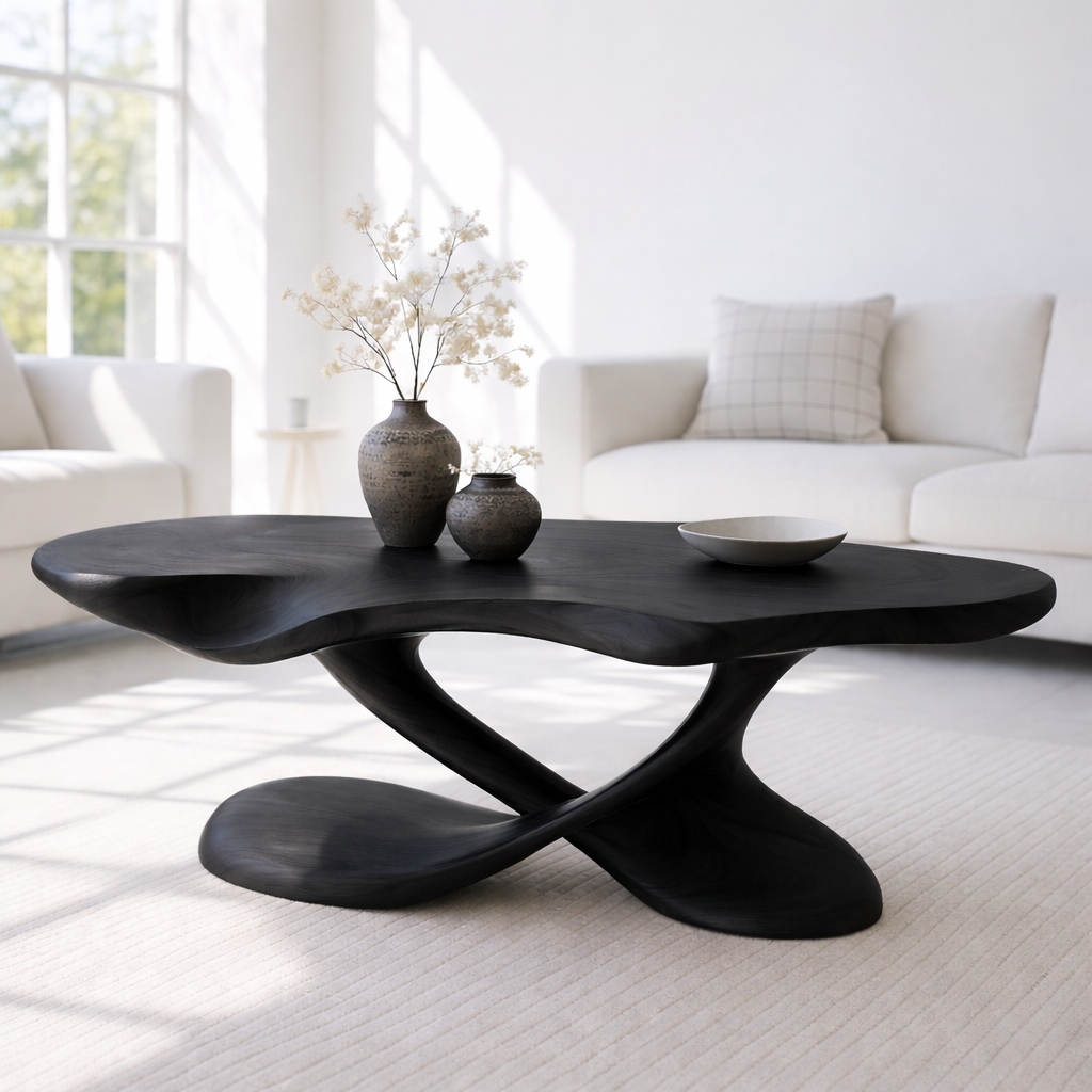 Modern Solid Wood Coffee Table with Sculptural Curved Base for Living Room