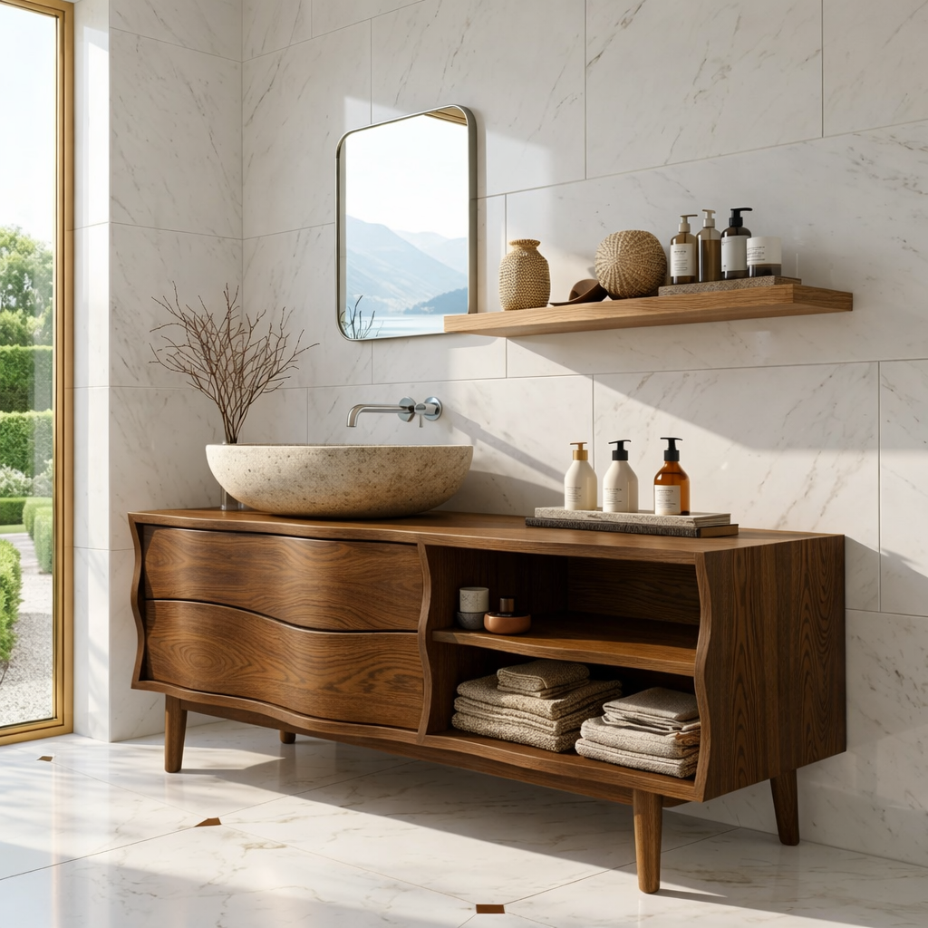 Contemporary Solid Wood Freestanding Bathroom Vanity with Sculpted Open Shelving