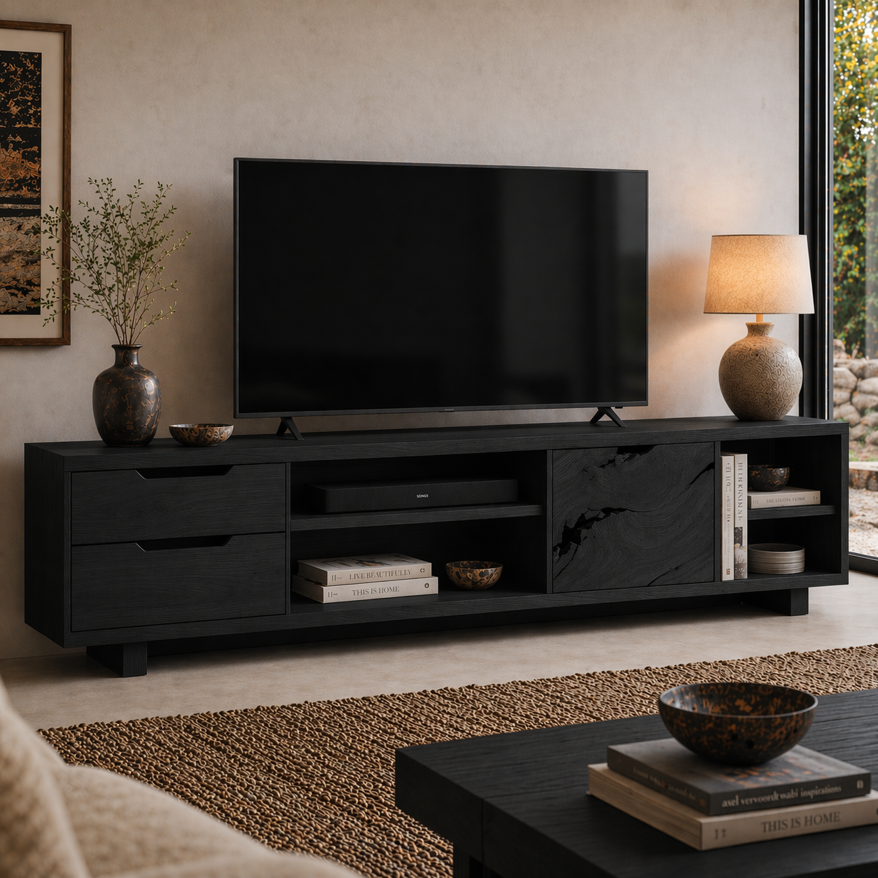 Solid Wood Media Console with Live Edge Door, Modern Rustic TV Stand with Storage