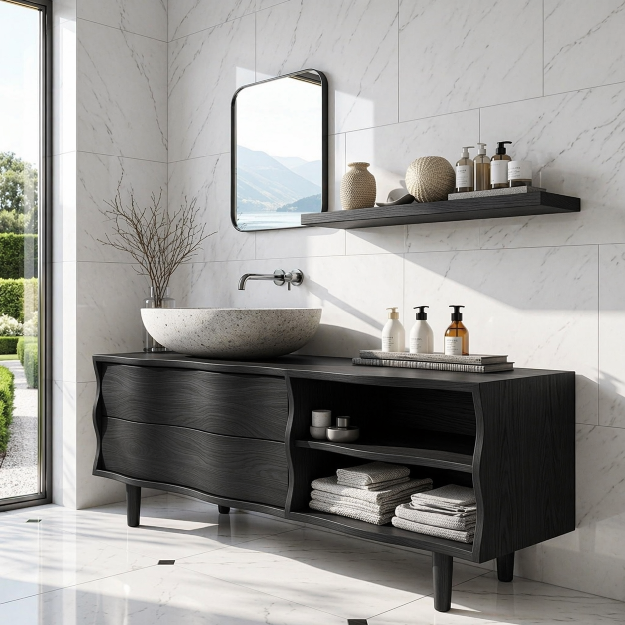 Contemporary Solid Wood Freestanding Bathroom Vanity with Sculpted Open Shelving