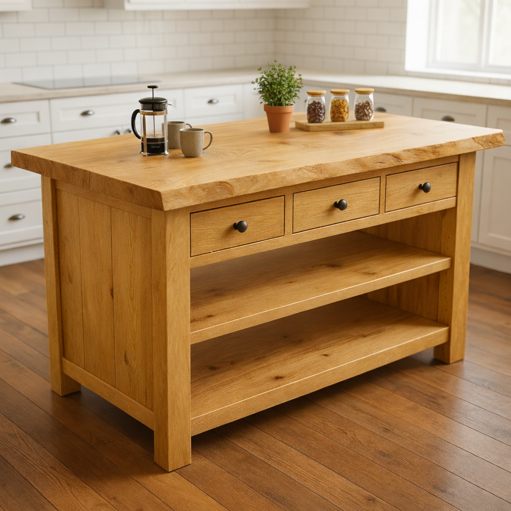Rustic Farmhouse Kitchen Island: Solid Wood Prep Station with 3 Drawers