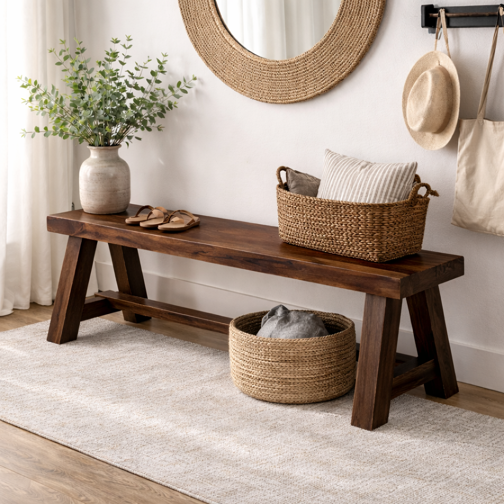 Rustic Solid Wood Entryway Bench with Storage | Modern Hallway Seating