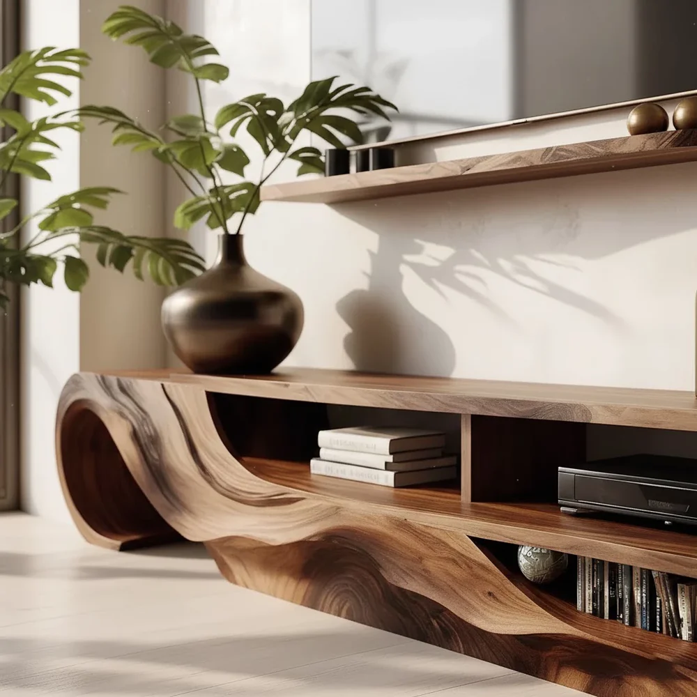 Solid Wood TV Stand Modern Sculptural Media Console for Living Room