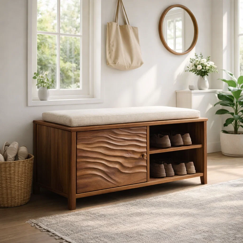 Solid Wood Shoe Bench with Cushion & Storage – Entryway Organizer with Shelf