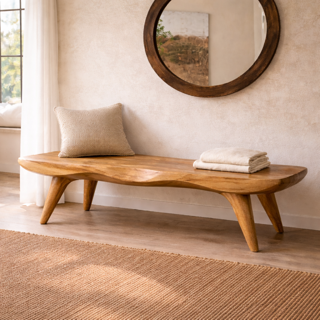 Live Edge Solid Wood Bench, Sculpted Rustic Entryway Hallway Seating