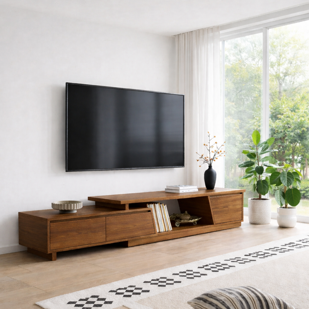 Modern Solid Wood TV Console with Low Profile & Open Storage