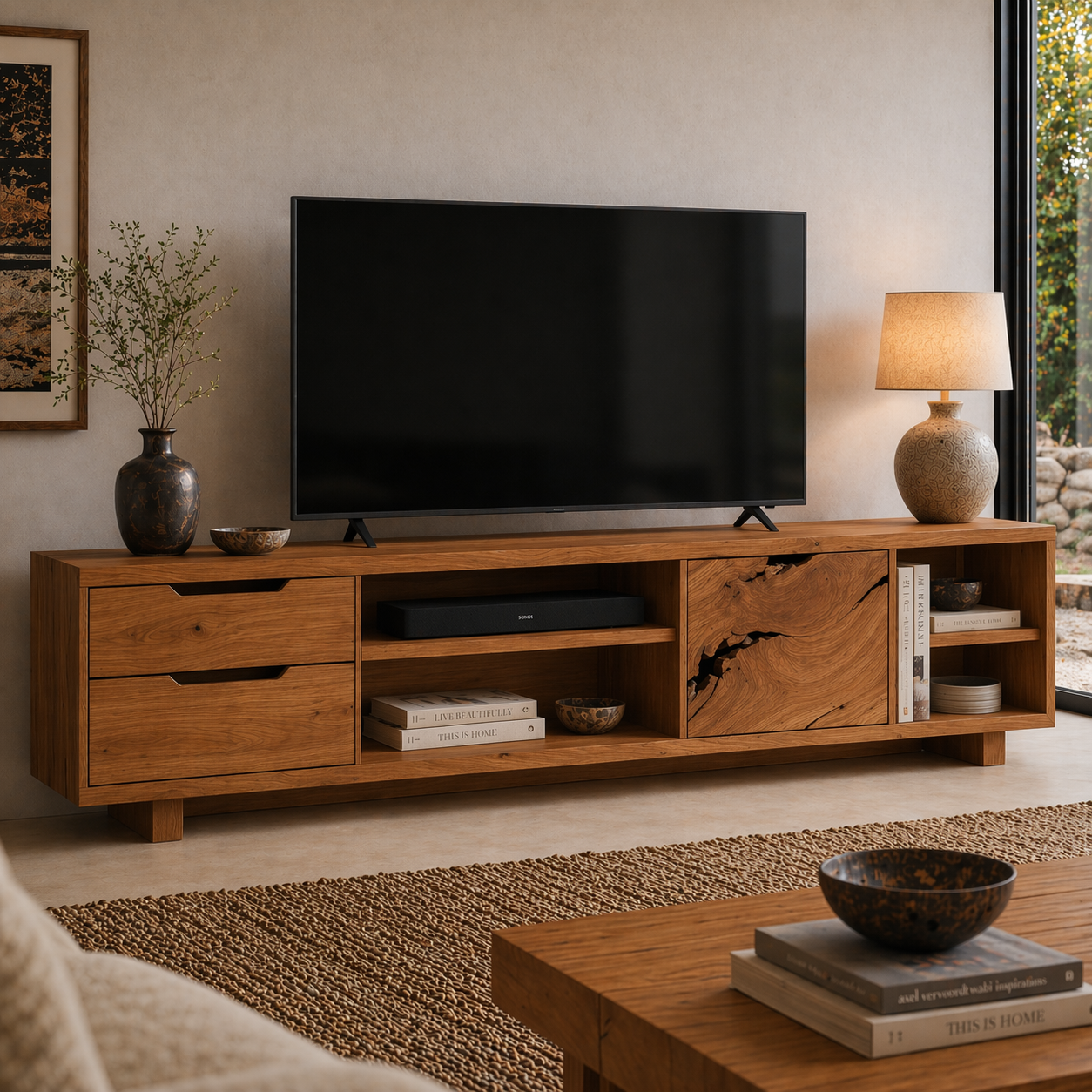 Solid Wood Media Console with Live Edge Door, Modern Rustic TV Stand with Storage