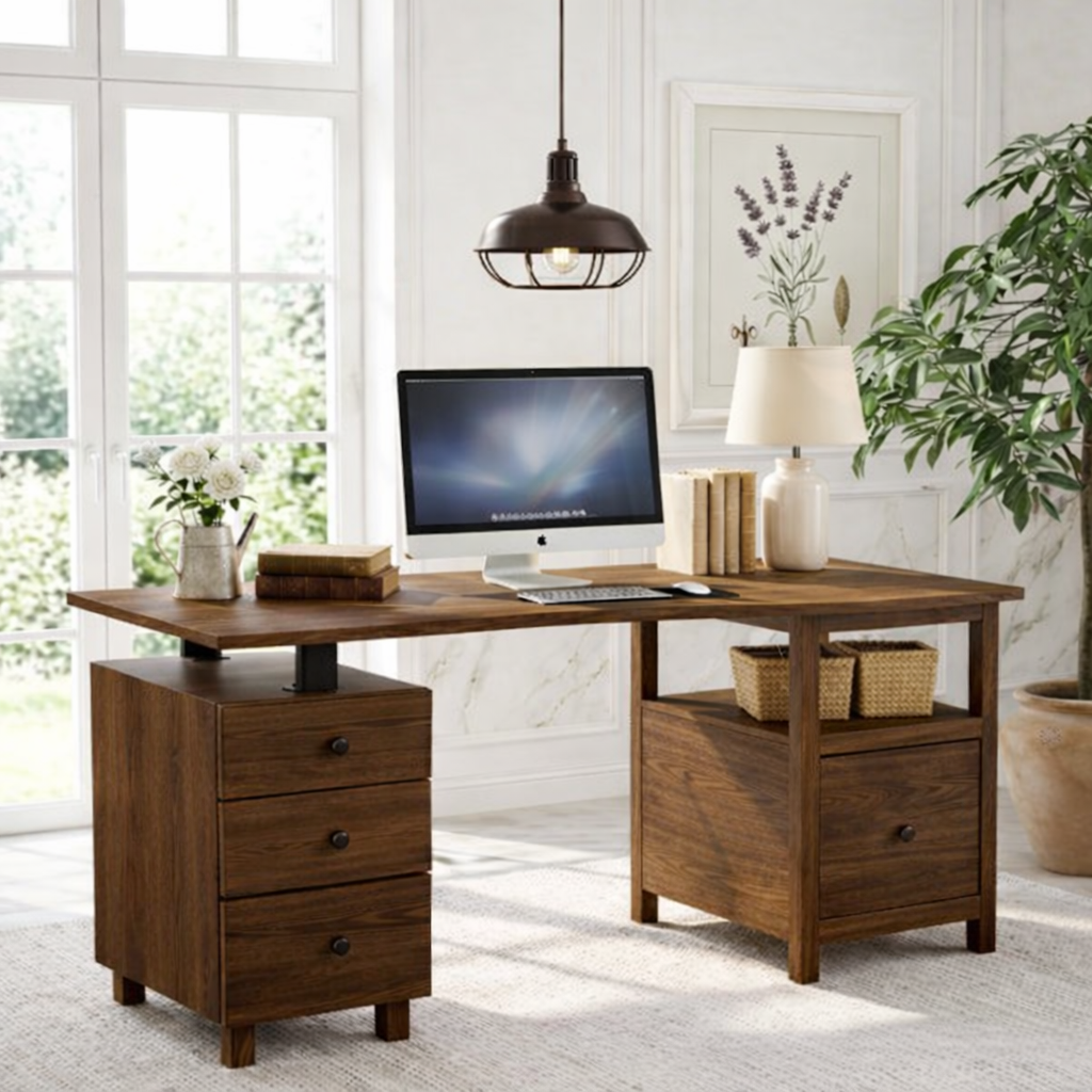 Modern Desk with Storage Drawers and Open Shelf Home Office Desk