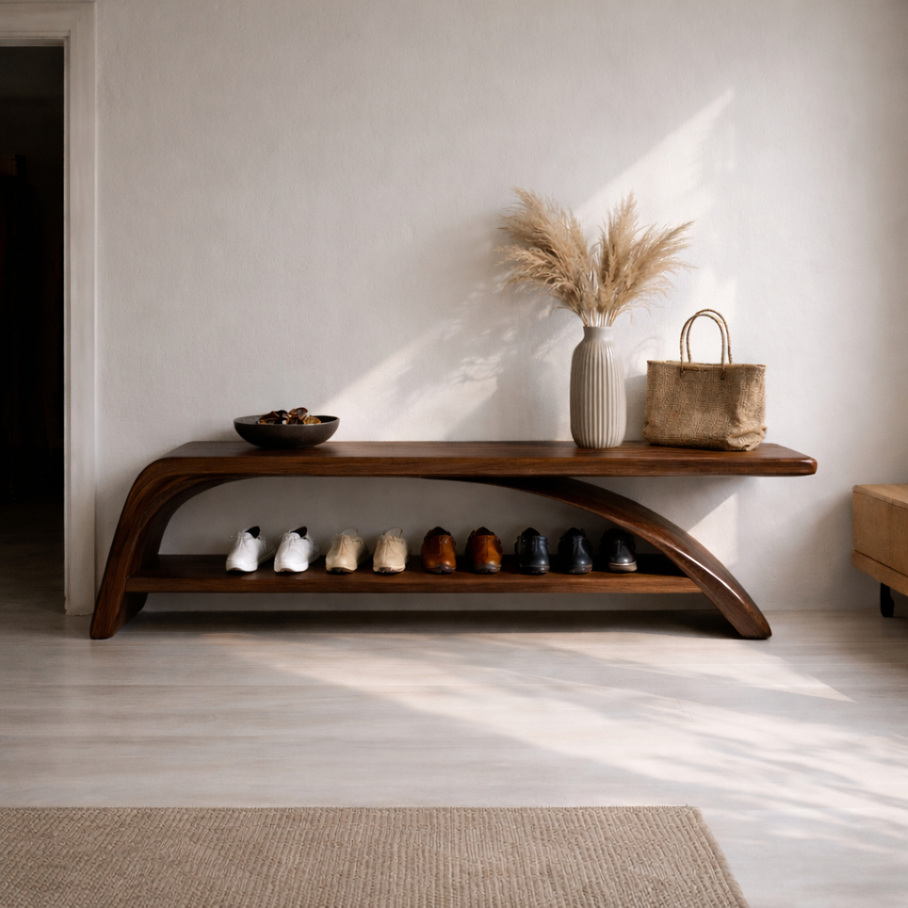 Solid Wood Entryway Bench with Shoe Storage Shelf – Modern Wooden Shoe Rack Bench