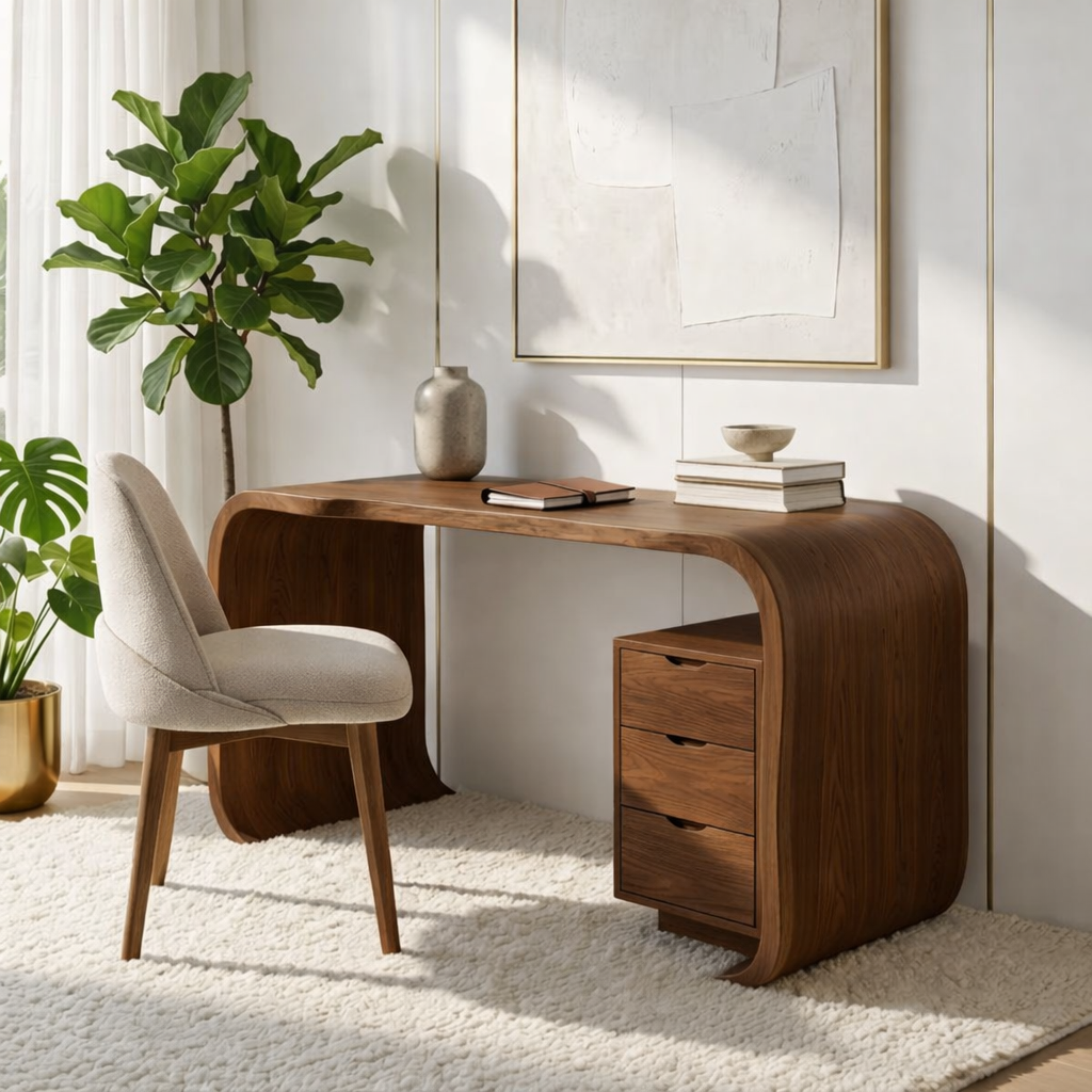 Curved Writing Desk with Drawer Storage Modern Home Office Table Minimal Workstation