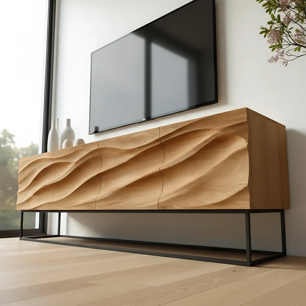 Solid Wood TV Stand Modern Oak Media Console with Wave Carved Storage Cabinet