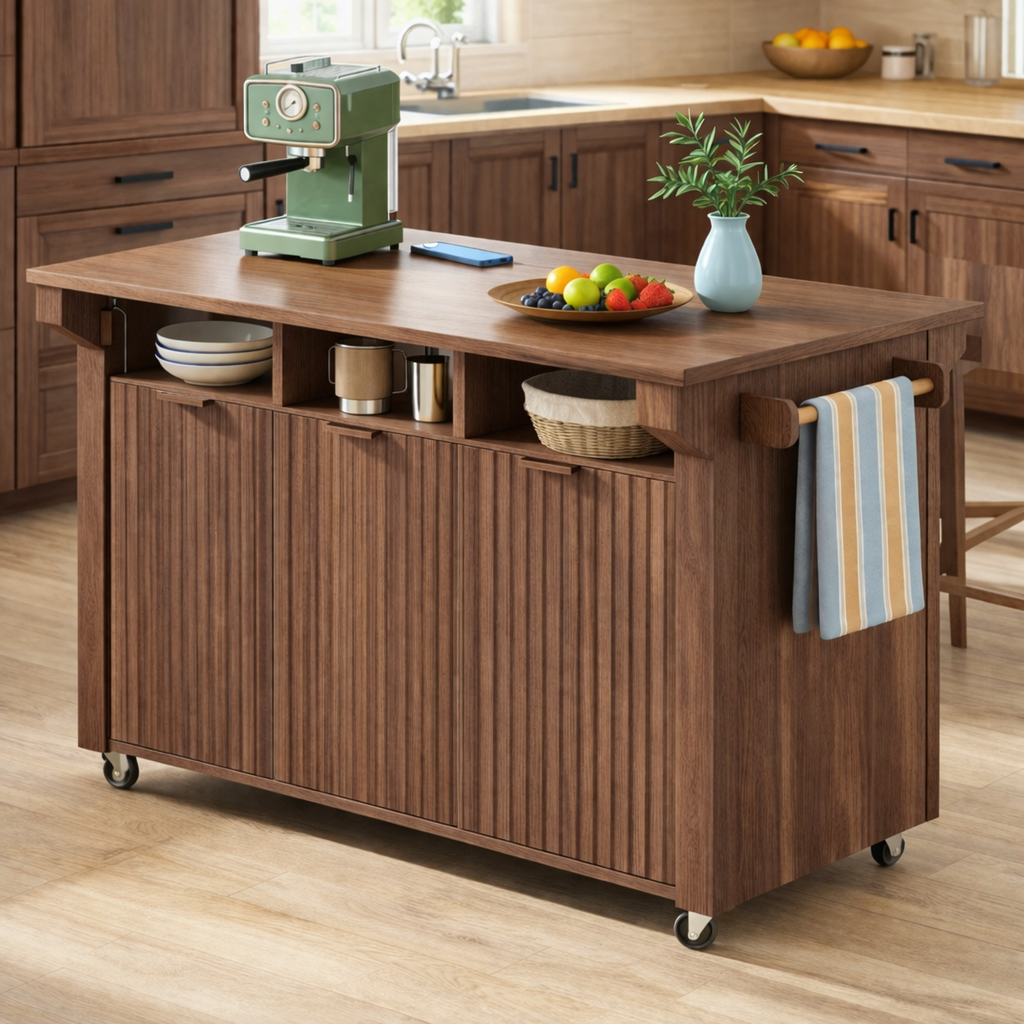 Rolling Kitchen Island with Storage Cabinet, Towel Rack, Modern Prep Cart for Kitchen Dining Space