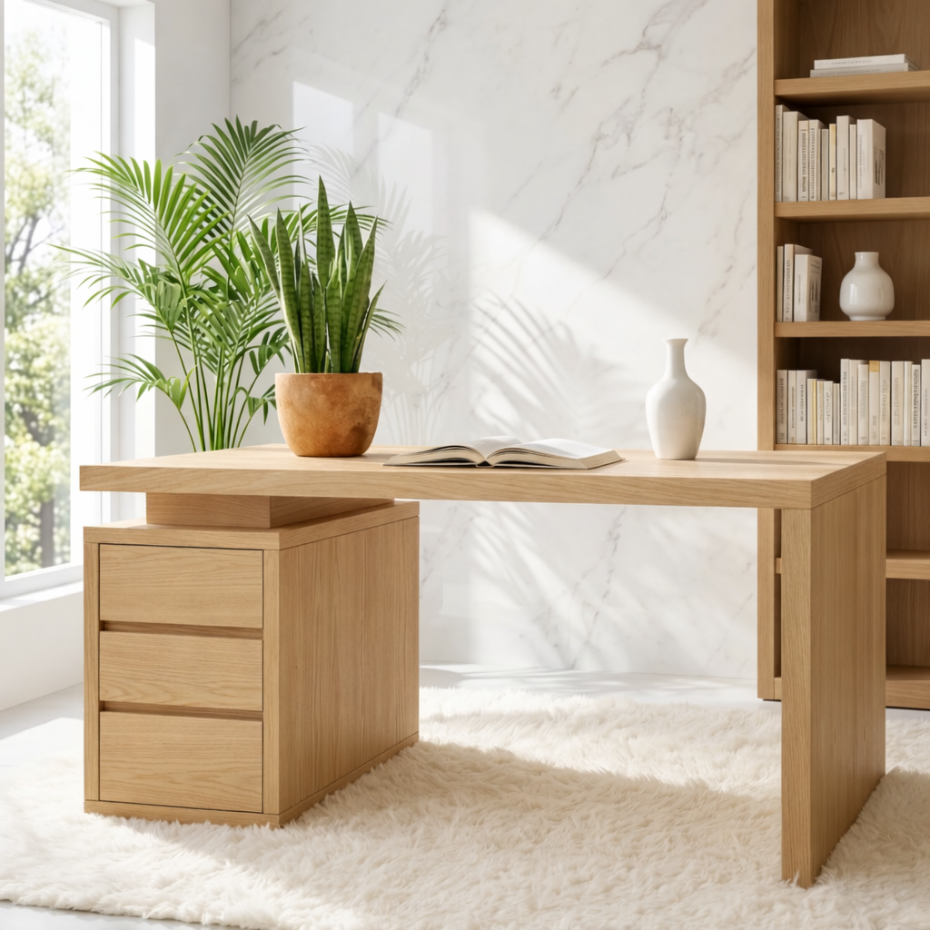 Modern Minimalist Office Desk with Drawer Storage Wooden Writing Computer Table