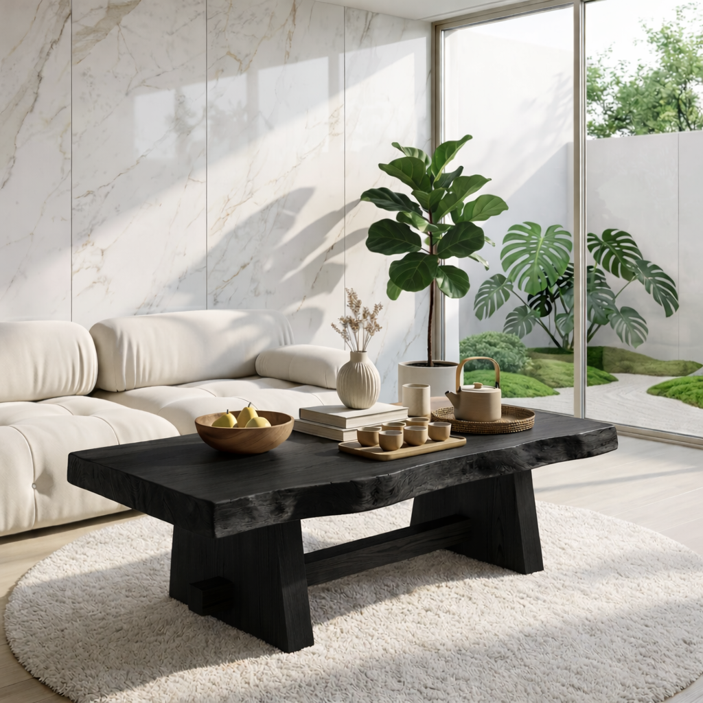 Solid Wood Coffee Table with Unique Design and Spacious Storage Shelf for Living Room