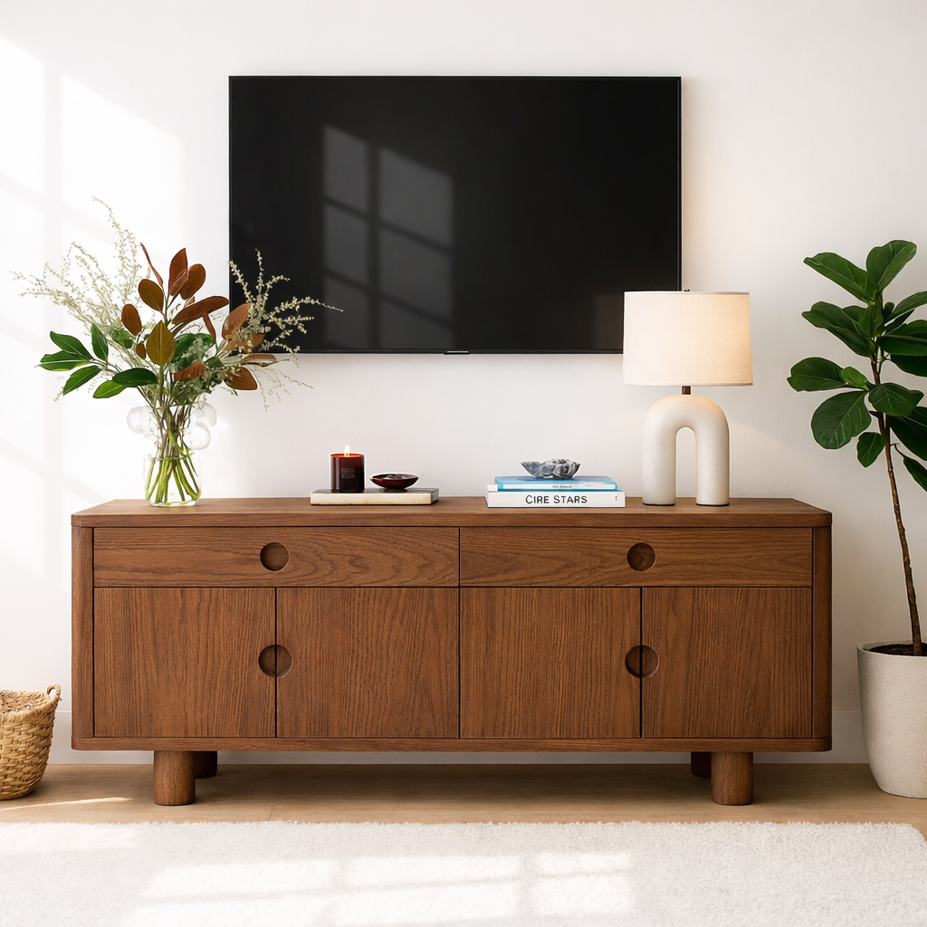 Minimalist Wood TV Stand With Cabinet Doors Long Media Console Modern Entertainment Center
