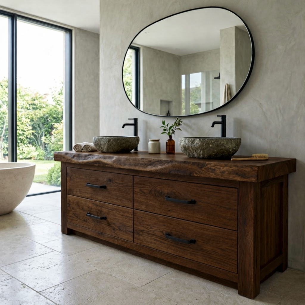 Rustic Solid Wood Bathroom Vanity Double Sink Base Live Edge Top Drawer Storage