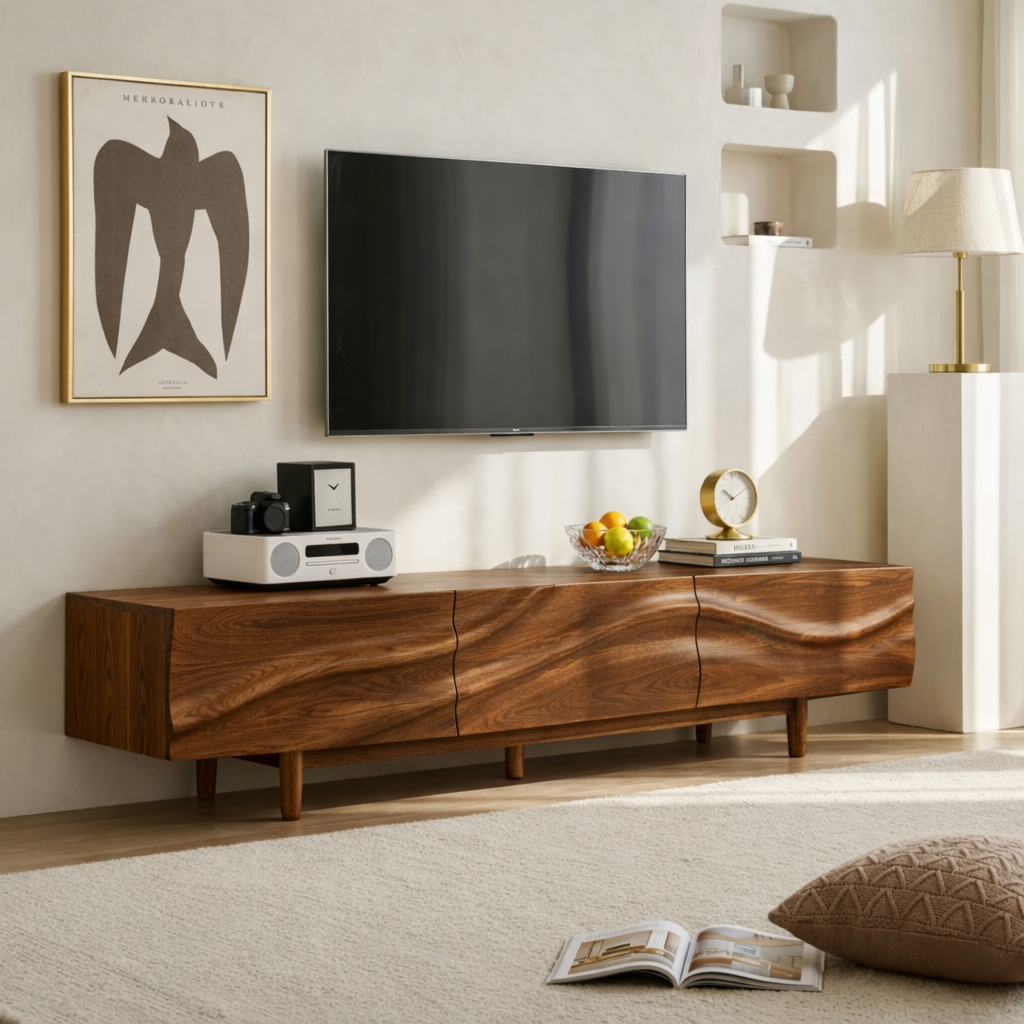 Solid Wood TV Stand with Wave Front, Modern Media Console Cabinet